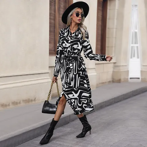 Women's Elegant Abstract Printed Long Sleeve Shirt Dress With Belt Button Down Midi Dress For Office Daily Fashion Wear