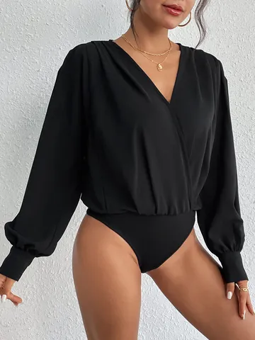 Elegant Women V-Neck Long Sleeve Bodysuit Wrap Front Pleated Shoulder Lantern Sleeve Polyester Chiffon Solid Slim Fit Tops