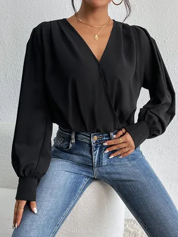 Elegant Women V-Neck Long Sleeve Bodysuit Wrap Front Pleated Shoulder Lantern Sleeve Polyester Chiffon Solid Slim Fit Tops