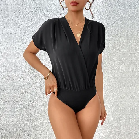 Elegant V Neck Wrap Bodysuit Short Batwing Sleeve Solid Color Pleated Slim Fit Jumpsuit For Women Commute Office Top