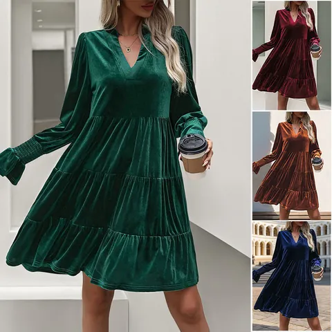 Women Elegant Velvet V Neck Tiered Mini Dress Long Sleeve Smocked Cuff Solid Color Ruffle Hem Party Cocktail Dresses
