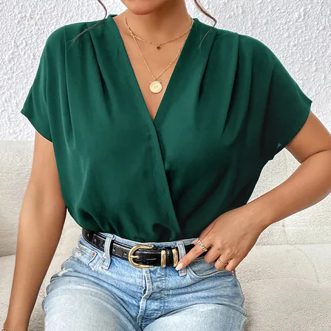 Elegant V Neck Wrap Bodysuit Short Batwing Sleeve Solid Color Pleated Slim Fit Jumpsuit For Women Commute Office Top