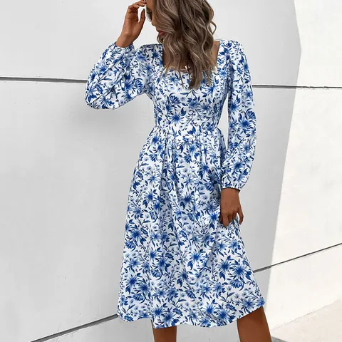 Robe Midi Florale Vintage Élégante pour Femme Avec Col Carré Bordure en Dentelle Manches Bouffantes Longues Style Pastoral Français en Polyester