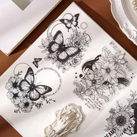Vintage Black White PET Floral Stickers For Journaling DIY Phone Case Retro Butterfly Botanical Decorative Stationery Collage Stickers
