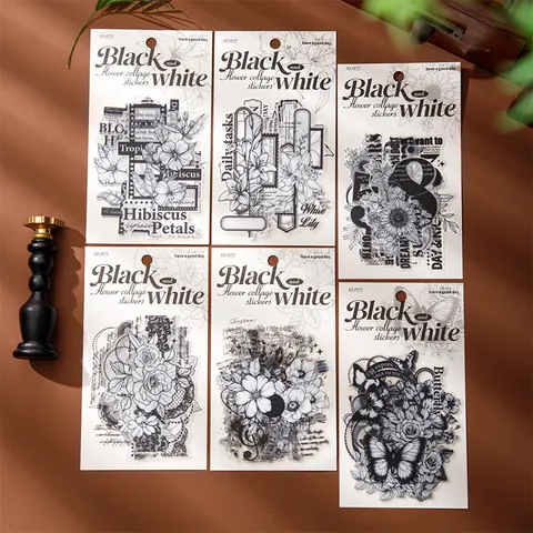 Vintage PET Flower Butterfly Collage Stickers Black White Large Size Botanical Floral Decorative Decals For Scrapbooking Journaling DIY Art Crafts