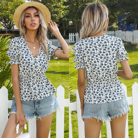 Damen Casual V-Ausschnitt Floral Chiffon Bluse Kurzarm Trompetenärmel Peplum Top Sommer Vintage Bedrucktes Taille Shirt