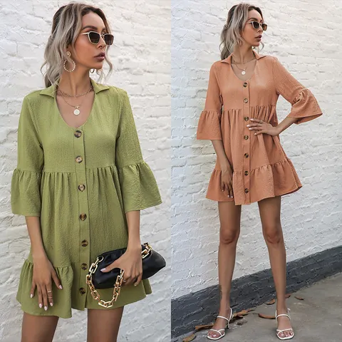 Abito Mini da Donna Casual Scollo a V con Bottoni e Volant Mezza Manica a Campana Poliestere Cotone Estate Boho