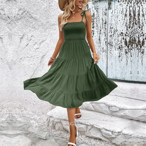 Vestido Midi Escalonado Fruncido para Mujer Sexy Espalda Descubierta Tirantes Atados Color Sólido Viscosa Verano Vacaciones Playa Línea A