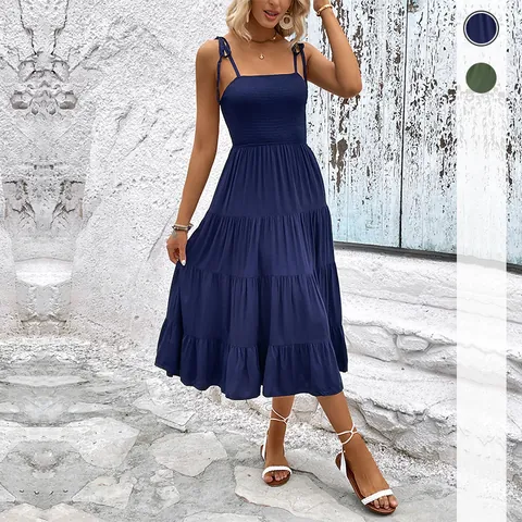 Vestido Midi Escalonado Fruncido para Mujer Sexy Espalda Descubierta Tirantes Atados Color Sólido Viscosa Verano Vacaciones Playa Línea A