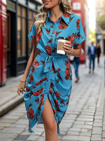 Women's Elegant Floral Print Belted Shirt Dress Summer Short Sleeve Button Down Midi Dress Casual Vacation Outfits