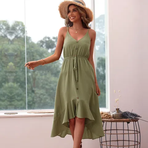 Vestido Midi Casual para Mujer Cuello en V Tirantes Finos Color Sólido Mezcla de Algodón Volantes Dobladillo Irregular Vestido con Botones Cordón en la Cintura