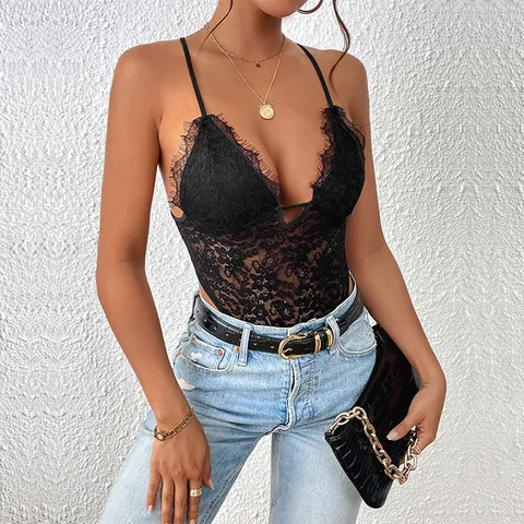 Women Sexy V Neck Floral Lace Bodysuit Eyelash Trim Backless Spaghetti Strap Sheer Teddy Jumpsuit Clubwear Lingerie Top