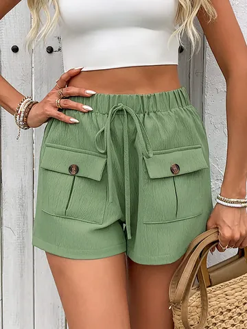 Damen Casual High Waist Shorts Mit Cargo Taschen Elastischer Kordelzug Salbeigrün Polyester Strand Sommer Shorts