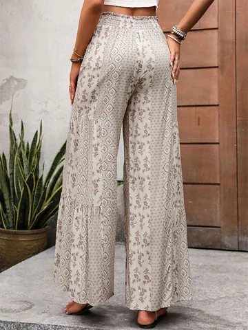 Pantalon Large Bohème à Taille Haute pour Femme Smocké Patchwork Imprimé Floral Ethnique Vacances d'Été Palazzo avec Ceinture