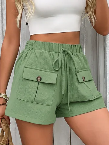Damen Casual High Waist Shorts Mit Cargo Taschen Elastischer Kordelzug Salbeigrün Polyester Strand Sommer Shorts