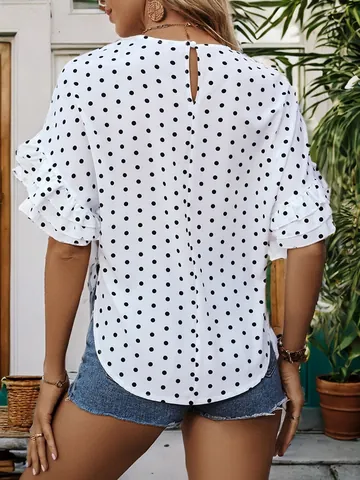 Dames Zomer Polka Dot Blouse Ruffle Vleermuismouw Korte Mouw Ronde Hals Casual Polyester Shirt Top Voor Vakantie Dagelijks