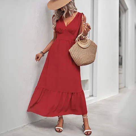 Elegante Vestito Lungo Maxi Rosso Scollo a V Senza Maniche con Volant Spalline Annodate Schiena Scoperta Stile Resort Estivo per Donna
