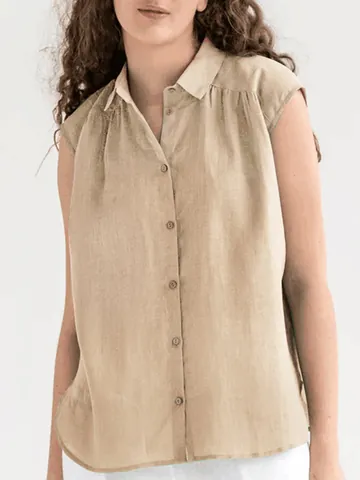 Damen Casual Baumwoll-Leinen Ärmelloses Hemd Minimalistisch Einfarbig Reverskragen Geknöpftes Tanktop Sommer Bluse