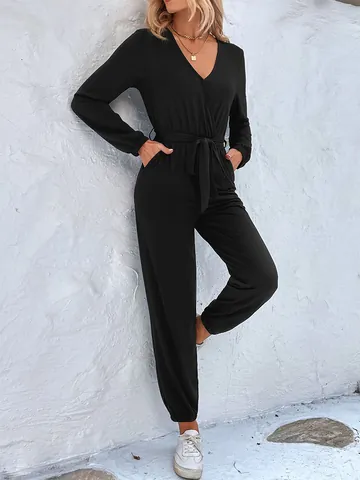 Women's V Neck Long Sleeve Jumpsuit High Waist Belted Cuffed Jogger Leg Romper Solid Color Casual One Piece Outfit