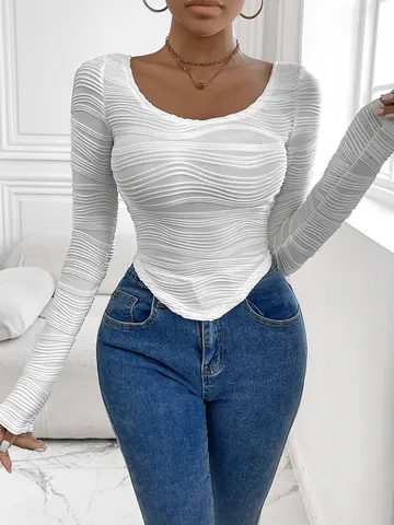 Maglietta da Donna Sexy con Girocollo a Manica Lunga Strutturata Vestibilità Aderente Texture Ondulata Orlo Curvo Top Bianco