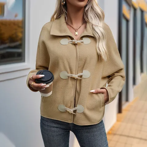 Veste en Polaire Ample pour Femmes avec Boutons Brandebourg Revers Manches Longues Manteau Court Décontracté Automne Hiver