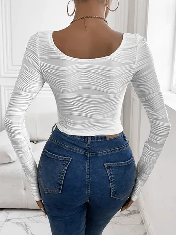 Maglietta da Donna Sexy con Girocollo a Manica Lunga Strutturata Vestibilità Aderente Texture Ondulata Orlo Curvo Top Bianco