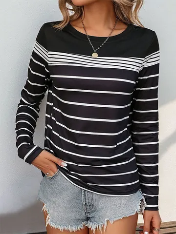 Camiseta de Manga Larga a Rayas Casual para Mujer Cuello Redondo Bloque de Color Jersey Top Poliéster Elastano Moda Otoño