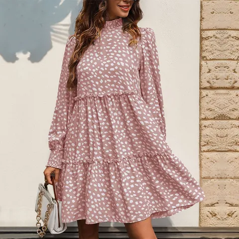 Women's Leopard Print Long Sleeve Tiered Dress Elegant Mock Neck Ruffle Mini A-Line Dress Autumn Fashion Party Casual Dress