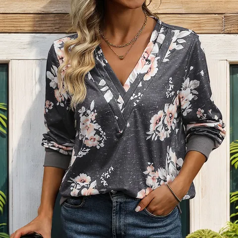 Women's Casual Floral Print V Neck Sweatshirt Long Sleeve Pullover Tops Vintage Dark Gray Polyester Spandex Floral Base Shirt