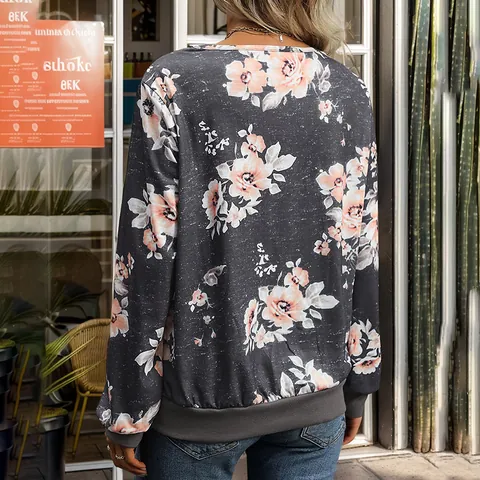 Women's Casual Floral Print V Neck Sweatshirt Long Sleeve Pullover Tops Vintage Dark Gray Polyester Spandex Floral Base Shirt