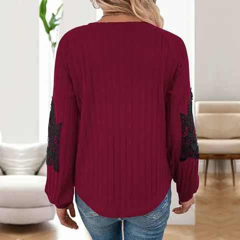 Women V Neck Long Sleeve T-Shirt Ribbed Knit Top With Lace Splicing Casual Elegant Wine Red Solid Color Pullover Shirt