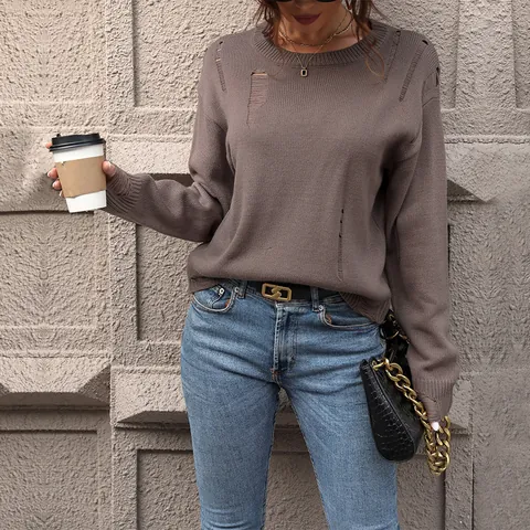 Suéter de Punto con Cuello Redondo de Estilo Desgastado para Mujer Jersey Holgado de Manga Larga Color Sólido Casual Calado Top de Punto