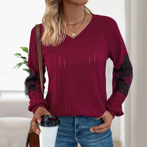 Women V Neck Long Sleeve T-Shirt Ribbed Knit Top With Lace Splicing Casual Elegant Wine Red Solid Color Pullover Shirt