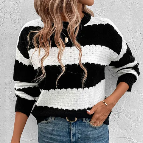 Dames Casual Ronde Hals Gebreide Trui Zwart en Wit Gestreept Lange Mouw Losse Pullover Acryl Warme Wintertrui Top