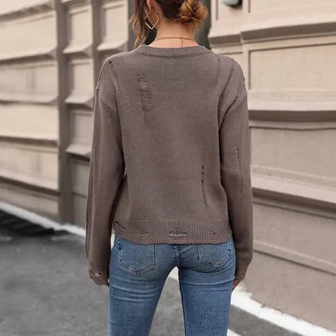 Suéter de Punto con Cuello Redondo de Estilo Desgastado para Mujer Jersey Holgado de Manga Larga Color Sólido Casual Calado Top de Punto
