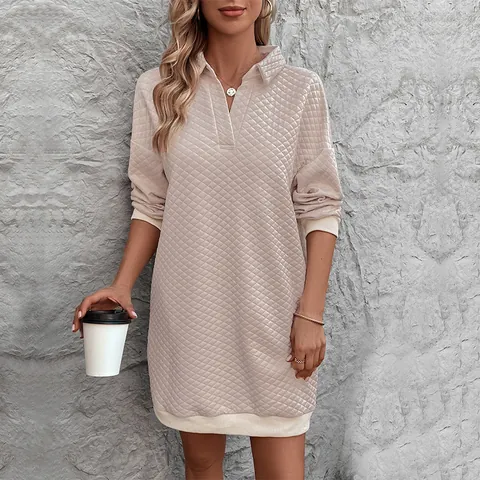 Women Casual Quilted Sweatshirt Dress V Neck Lapel Long Sleeve Solid Color Diamond Pattern Ribbed Trim Mini Dress