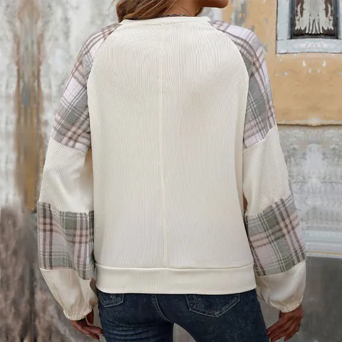 Felpa da Donna Casual con Patchwork a Quadri Girocollo Manica Lunga in Poliestere Spandex Pullover Morbido Moda Quotidiana Streetwear