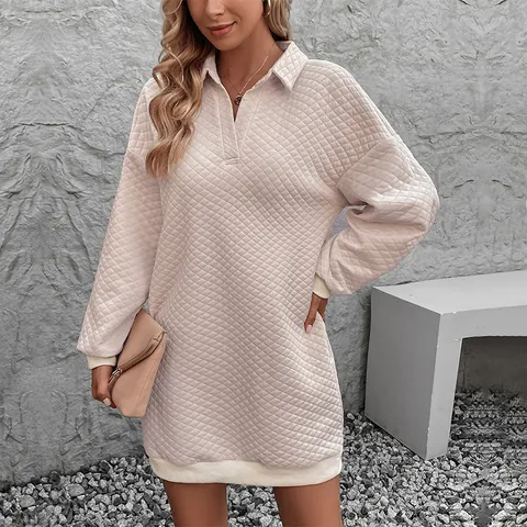 Women Casual Quilted Sweatshirt Dress V Neck Lapel Long Sleeve Solid Color Diamond Pattern Ribbed Trim Mini Dress
