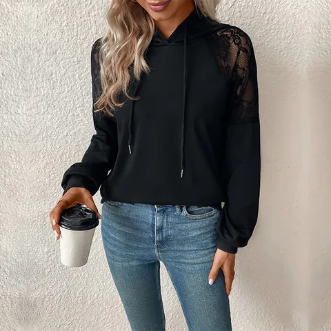 Sudadera Casual para Mujer Con Capucha Costuras de Encaje Jersey de Manga Larga Con Cordón Negro Color Sólido Top de Moda