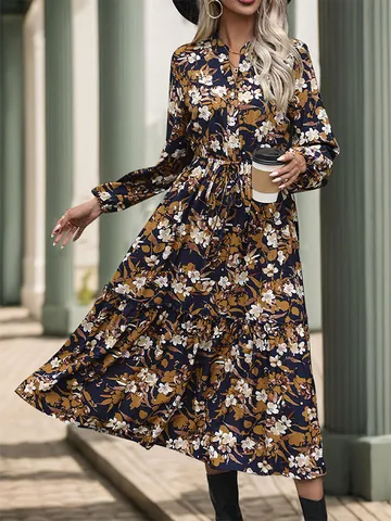 Vestito Maxi a Maniche Lunghe con Stampa Floreale Vintage da Donna Scollo a V Coulisse Vita Elegante Volant Boho Abito da Vacanza