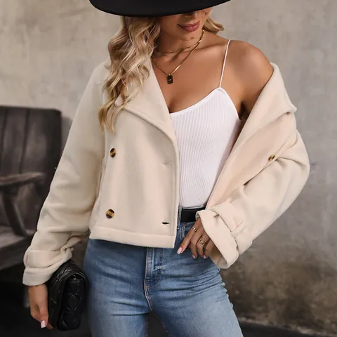 Chaqueta Corta Elegante para Mujer Doble Botonadura Solapa Abrigo de Vellón Polar Color Sólido Manga Larga Moda Casual Albaricoque