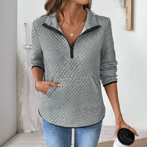Women's Casual Quilted Diamond Pattern Half Zip Sweatshirt Warm Long Sleeve Pullover With Kangaroo Pocket Solid Top