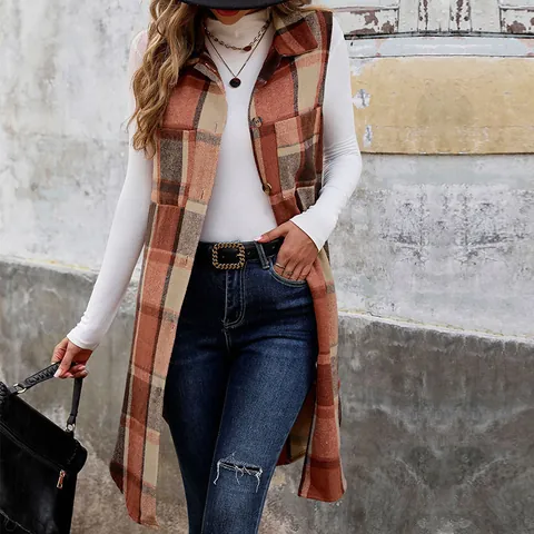 Gilet Femme Rétro à Carreaux Mi-Longue Sans Manches Boutonné Veste à Revers Décontractée Streetwear