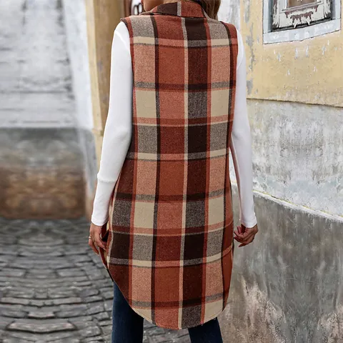 Gilet Femme Rétro à Carreaux Mi-Longue Sans Manches Boutonné Veste à Revers Décontractée Streetwear