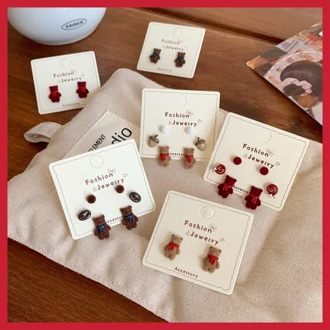 Cute Flocked Bear Stud Earrings Set With 925 Sterling Silver Earring Post Scarf Design Alloy Autumn Winter Jewelry For Women Students