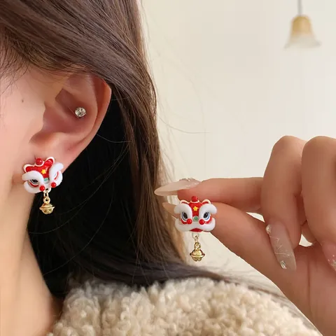 Chinese Style Lion Dance Stud Earrings Set With 925 Sterling Silver Earring Post Red Gold Enamel Festive New Year Jewelry