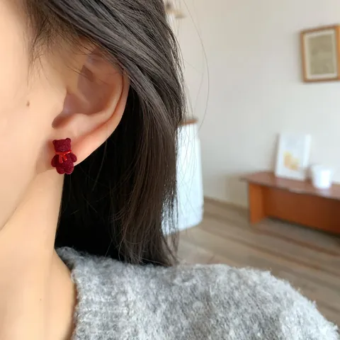 Cute Flocked Bear Stud Earrings Set With 925 Sterling Silver Earring Post Scarf Design Alloy Autumn Winter Jewelry For Women Students
