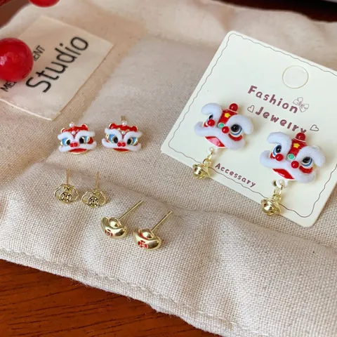 Chinese Style Lion Dance Stud Earrings Set With 925 Sterling Silver Earring Post Red Gold Enamel Festive New Year Jewelry