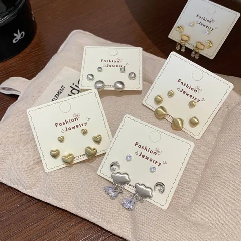 Brushed Alloy Geometric Heart Round Stud Earring Set With 925 Sterling Silver Earring Post Zirconia Cloud Earrings For Women