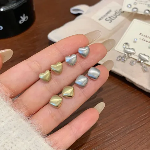 Brushed Alloy Geometric Heart Round Stud Earring Set With 925 Sterling Silver Earring Post Zirconia Cloud Earrings For Women